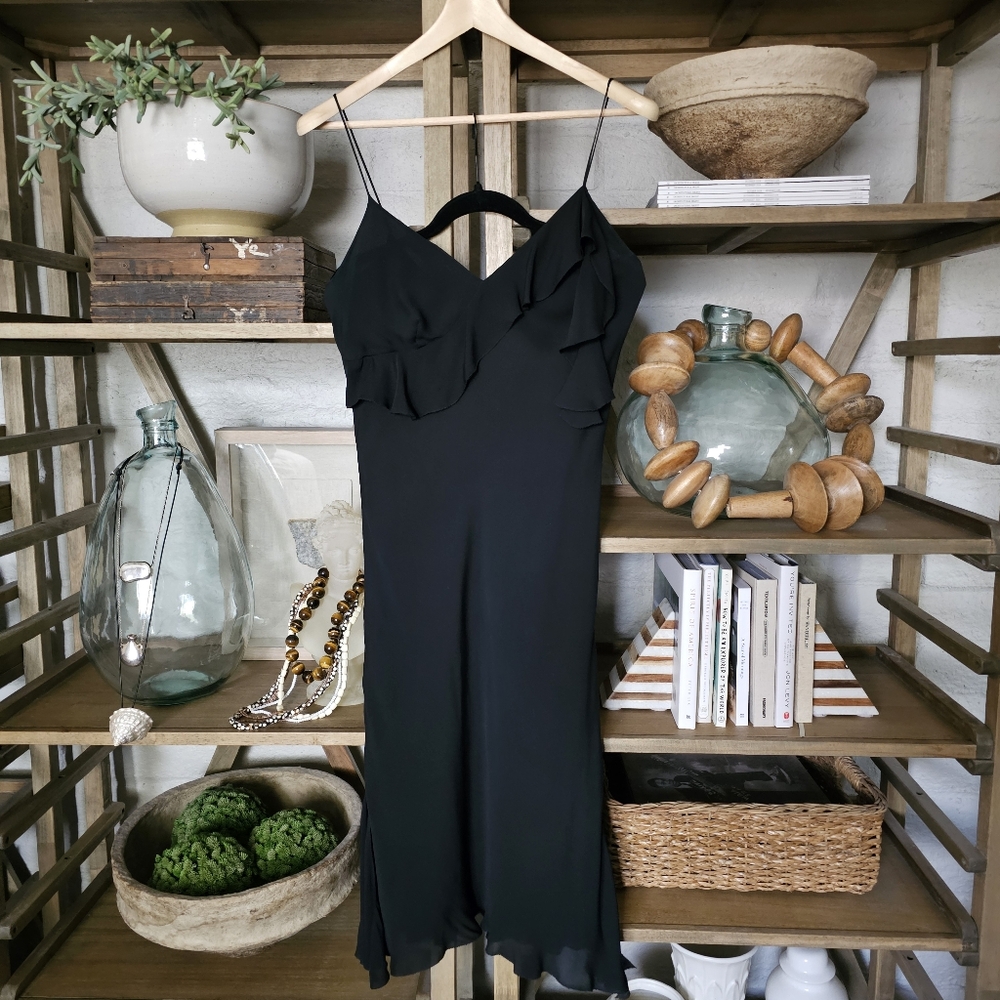 Vintage Max Studio Black Silk Bias Cut Midi Slip Dress Y2K Sz L - Picture 6 of 6